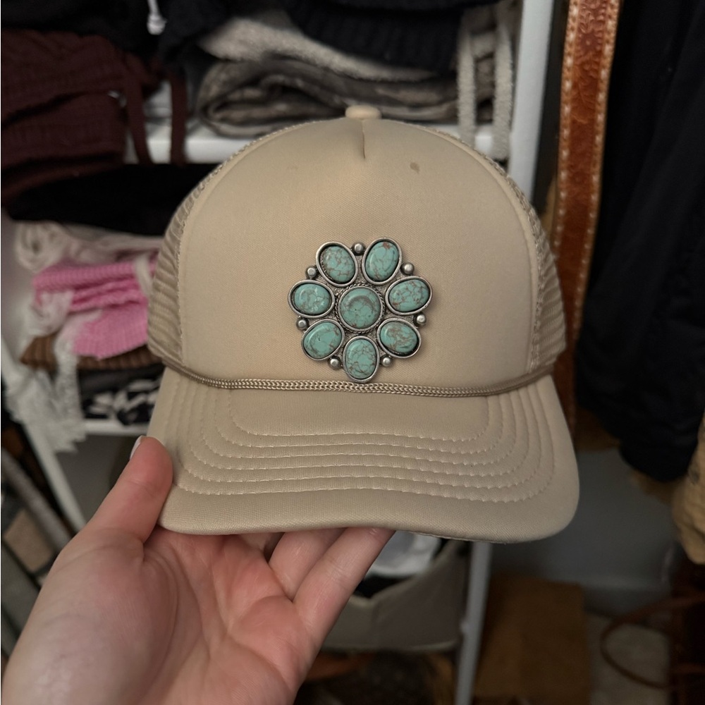 Tan and Blue Baseball Cap with Floral Patch
